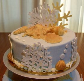 Torte mit Muscheln aus weißer Schokolade